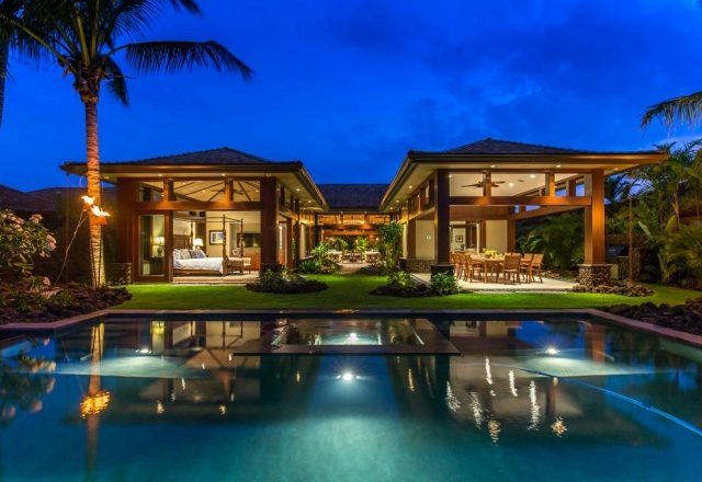 Hualalai 72-121 - Stunning Pool and back of home at dusk - Hawaii Vacation Home