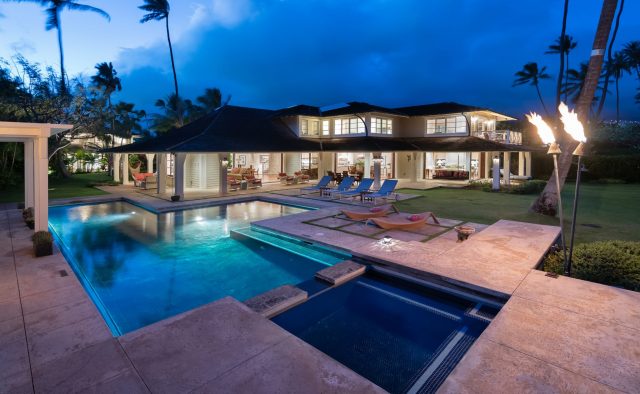 Coral Reef - Back of house with Pool at night - Oahu Vacation Home